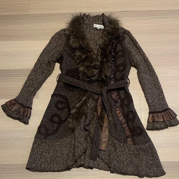 Brown Belted Knit Cardigan Sweater with Faux Fur Trim - Penny Lane Boho Y2K - Picture 9 of 15